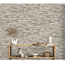 Woonkamer met wand in steenlook en decoratie op een houten plank