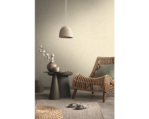 Woonkamer met rotan stoel, bijzettafel en hanglamp