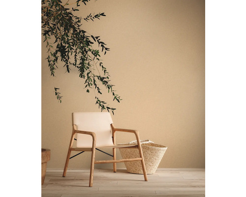 Woonkamer met fauteuil, mand en plantendecoratie