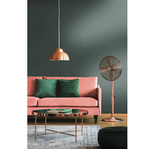 Woonkamer met bank, kussens, tafel, staande ventilator en hanglamp