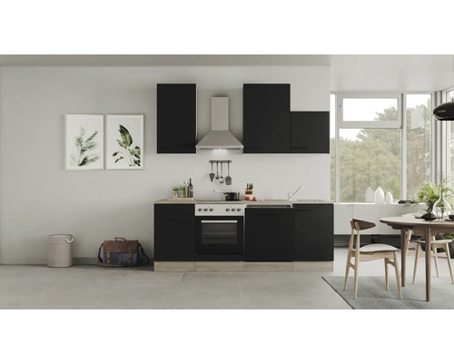 FLEX WELL Keukenblok Capri zwart 220x60 cm Lichte keuken met zwarte kasten, eettafel en stoelen