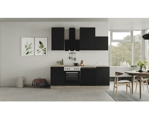 FLEX WELL Keukenblok Capri zwart 220x60 cm Moderne keuken met zwarte kasten, afzuigkap en elektrisch fornuis.