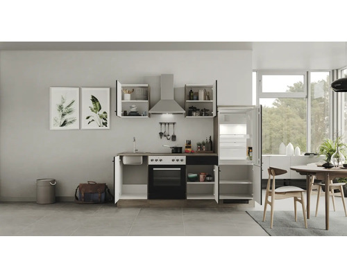 Complete keuken met gootsteen, fornuis, oven, afzuigkap, bovenkasten en koelkast in een lichte keuken.