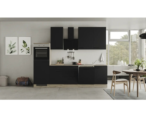 FLEX WELL Keukenblok Capri zwart 280x60 cm Moderne keuken met zwarte kasten, afzuigkap en inbouwoven in een heldere ruimte.