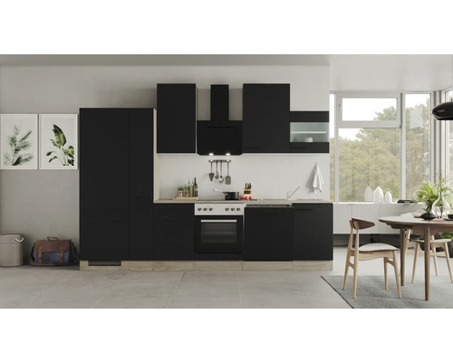 FLEX WELL Keukenblok Capri zwart 310x60 cm Complete inbouwkeuken met kasten, werkblad, fornuis, spoelbak en afzuigkap.