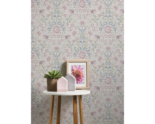 Behang met bloemen- en vogelmotief in vintage stijl