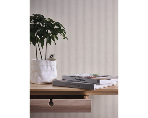 Decoratieve plank met kamerplant, boeken en behang