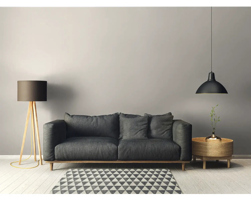 Woonkamer met grijze bank, vloerlamp, hanglamp en vloerkleed met motief