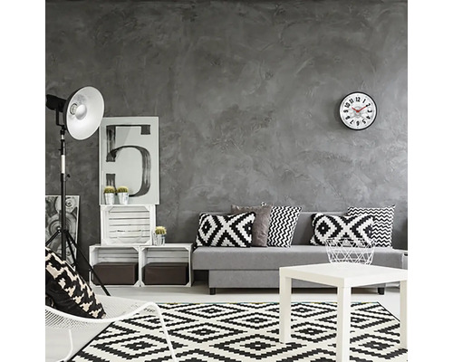 Woonkamer met bank, tafel, vloerkleed en decoratie in zwart, wit en grijs