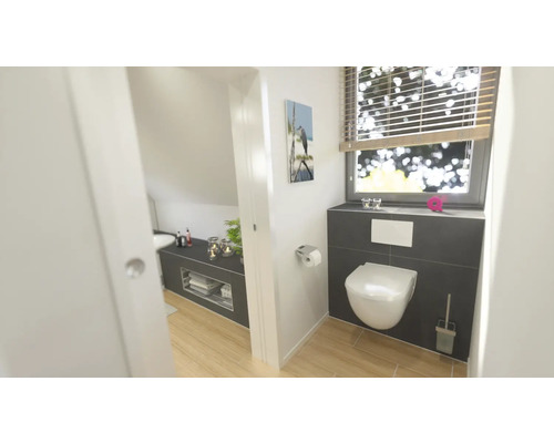 Moderne badkamer met toilet, wastafel en raam met jaloezie