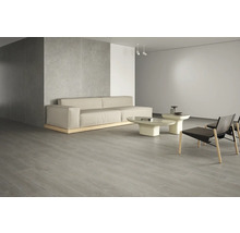 Lichte woonkamer met bank, tafels, stoelen en vloertegels in houtlook
