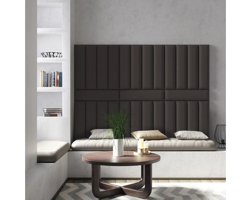 MOLLIS Wandkussen Fancy taupe 15x60 cm Woonkamer met gestoffeerde wandpanelen, ronde salontafel, ingebouwde boekenkast en zithoek