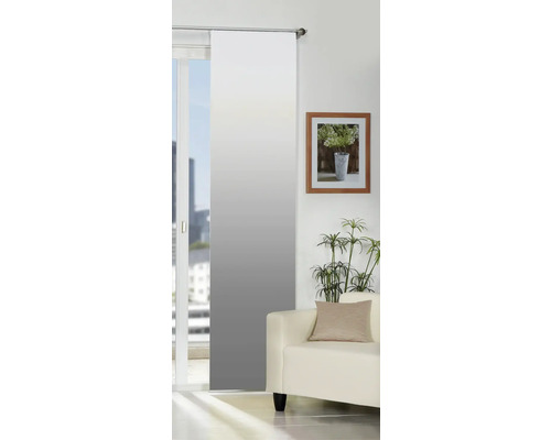 Kamerweergave met schuifgordijn in verloopoptiek, fauteuil, kamerplant en ingelijste afbeelding