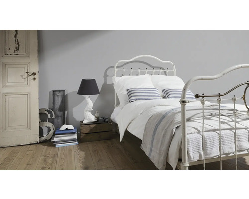 Slaapkamer met metalen bed, bedlamp en houten vloer