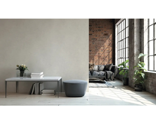 Lichte woonkamer met bakstenen muur, bank en grote ramen