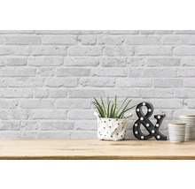 Decoratieve kamerinrichting met bakstenen behang, plant, ''&''-symbool en containers op een houten tafel.