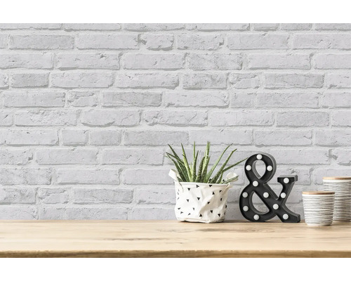Decoratieve kamerinrichting met bakstenen behang, plant, ''&''-symbool en containers op een houten tafel.