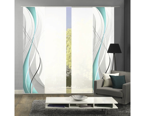 Kameropstelling met schuifpanelen met golfpatroon in grijs en turquoise