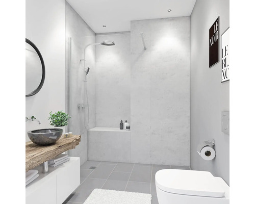 BREUER Doucheachterwand DecoMotion grijs 255x150 cm Badkamer met douche, wastafel op houten blad en toilet
