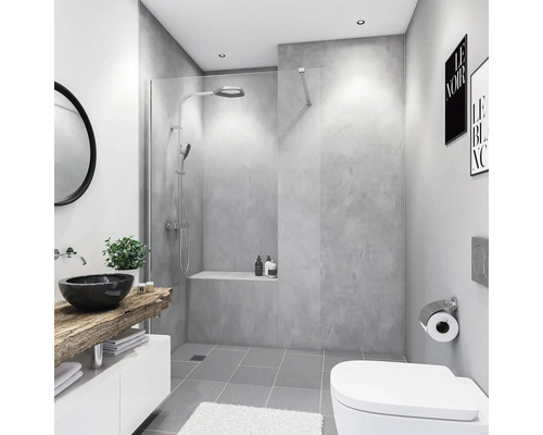 BREUER Doucheachterwand DecoMotion grijs 255x150 cm Moderne badkamer met douche, wastafel, toilet en grijze tegels