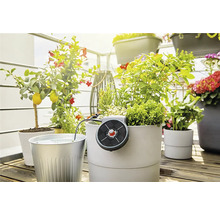 Balkonscène met planten in potten en irrigatiesysteem op zonne-energie