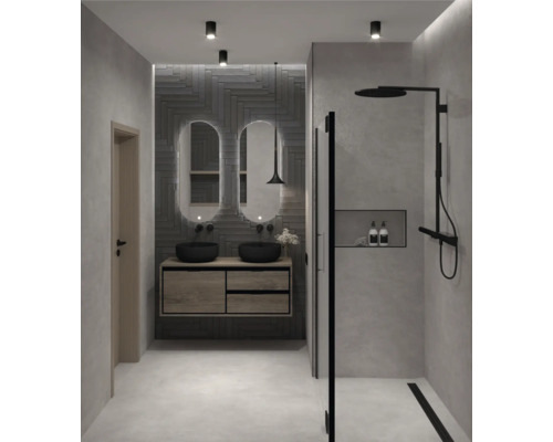 Moderne badkamer met dubbele wastafel, spiegels, douche en verlichting.