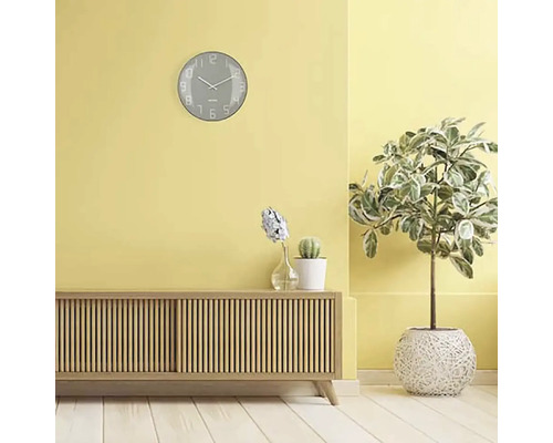Woonkamer met dressoir, kamerplanten en een wandklok