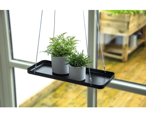 Hangende plantenplank met twee planten in potten voor een raam