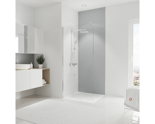 SCHULTE Douche achterwand ExpressPlus DecoDesign 255x90 cm grijs Moderne badkamer met douche, wastafel en wit tapijt