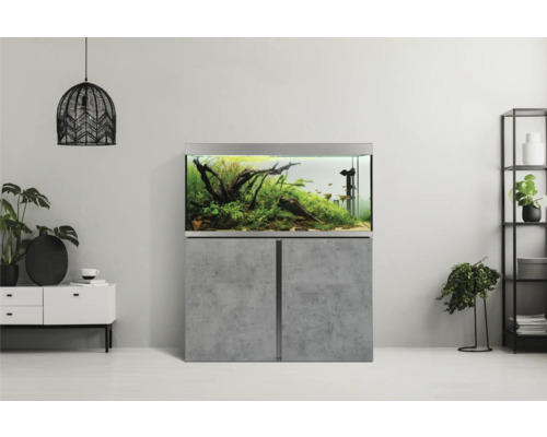 Ingericht aquarium op onderkast in de woonkamer.