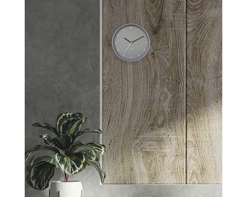 Afbeelding van een wandklok, kamerplant en houten wandpanelen