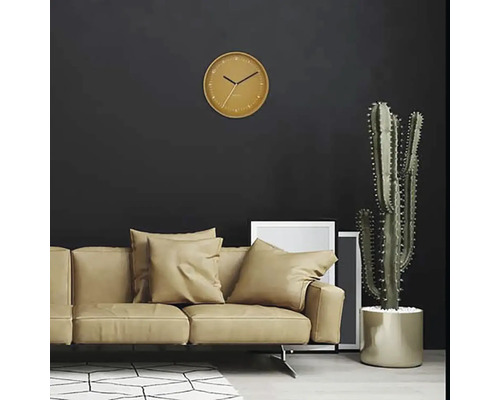 Woonkamer met bank, kamerplant en wandklok