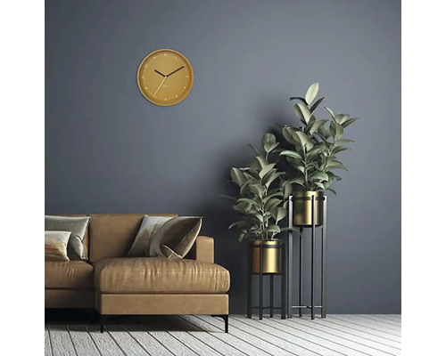 Woonkamer met bank, wandklok en planten