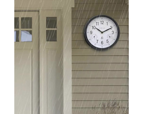 Wandklok met thermometer en hygrometer voor buiten in de regen