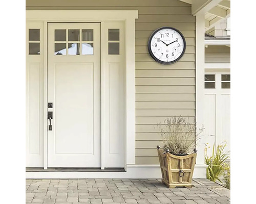 Scene met een buitenklok met thermometer aan een muur naast een deur en een plantenbak.