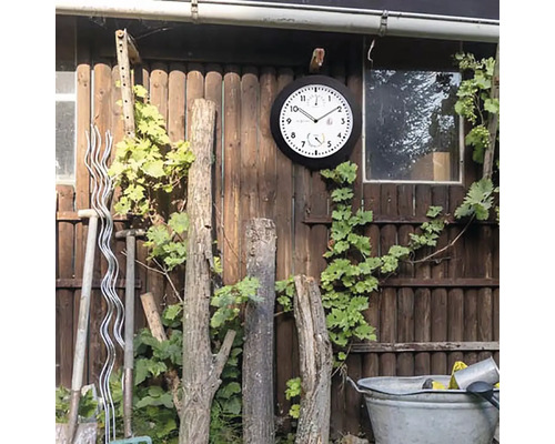 Buitenscène met wandklok, wijnplant, tuingereedschap en houten schutting
