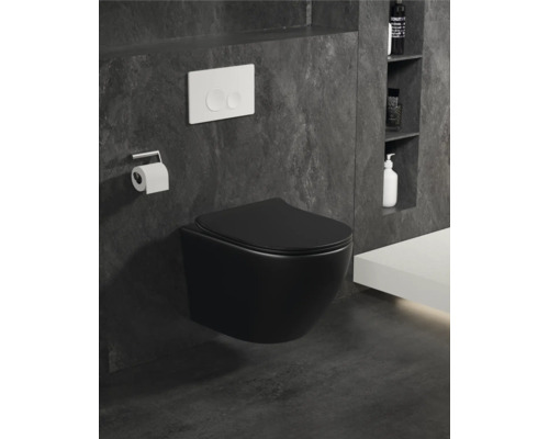 Moderne badkamer met een zwart hangtoilet, een wit bedieningspaneel en een toiletpapierhouder.