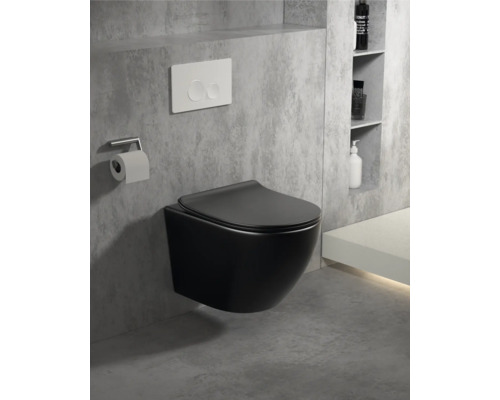 Wandhangend, zwart toilet met toiletpapierhouder en bedieningspaneel in een modern ontworpen badkamer.