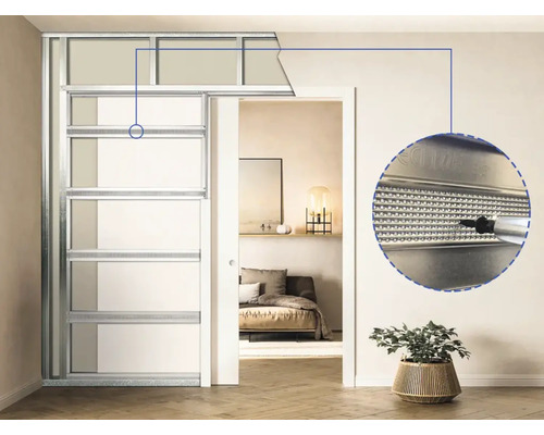 Inbouwelement voor een schuifdeur voor een wand met detailaanzicht van de constructie.