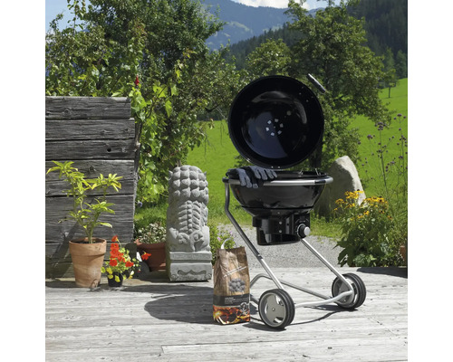 Bolvormige barbecue met houtskool en tuin op de achtergrond