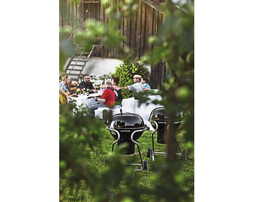 Twee bolvormige grills op gazon met een vierend gezelschap op de achtergrond.