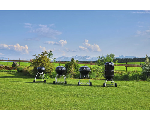 Vier kogelbarbecues van verschillende grootte staan ​​op een gazon.