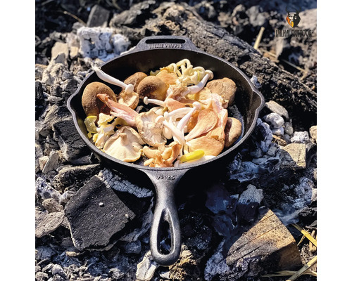 Gietijzeren pan met paddenstoelen boven een vuur