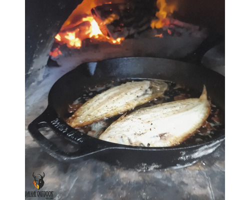 Twee vissen in een koekenpan voor een houtoven.