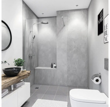 Moderne badkamer met douche, wastafel met opzetwastafel en toilet.