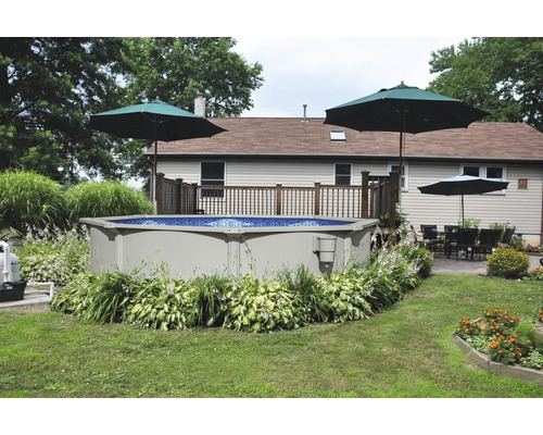 Scene met opzetzwembad, parasols, terras en tuinmeubelen