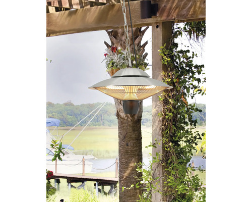 Hangende terrasverwarmer met kettingophanging en lichtelementen