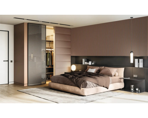 Moderne slaapkamer met bed, schuifdeuren en inloopkast