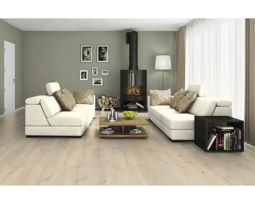 Lichte woonkamer met banken, open haard en houten vloer