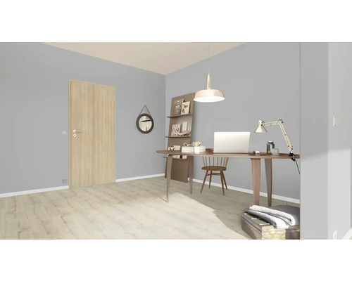 Moderne werkkamer met bureau, stoel, planken en deur